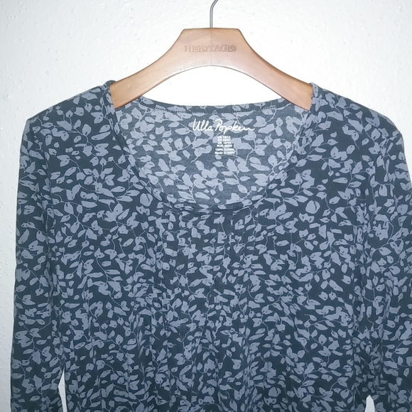 Ulla Popken L Long Sleeved Smocked Navy Leaf Tunic Top - Picture 2 of 8